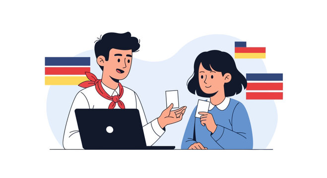 Learning Languages Together: People interacting with flashcards and flags representing different countries, suggesting language education or cultural exchange.