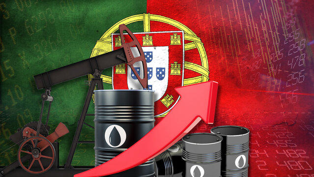 Portuguese crude oil production and prices surge dramatically with an upward red arrow, oil barrels, drilling rigs, and financial figures amidst complex global developments 