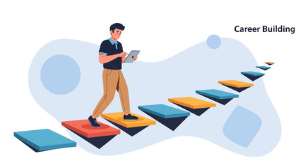 Obraz premium Man climbing stairs representing career growth, using tablet for planning and advancement. Career building concept.