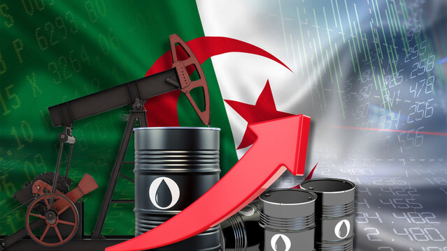 Algerian crude oil production and prices surge dramatically with an upward red arrow, oil barrels, drilling rigs, and financial figures amidst complex global developments and intense market volatility