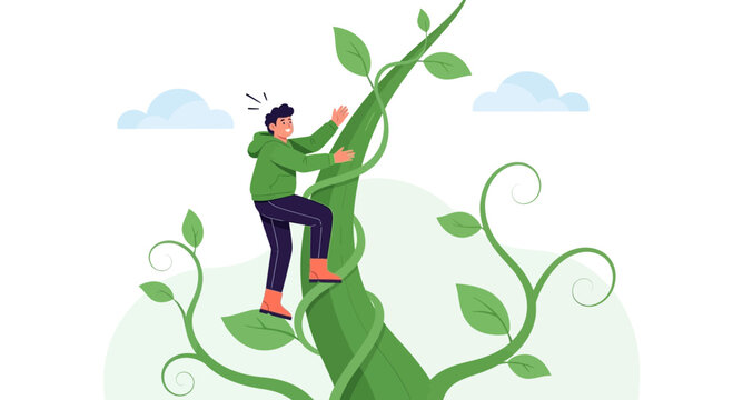 Man climbing a giant beanstalk towards the clouds, vector illustration symbolizing growth, ambition, and adventure.