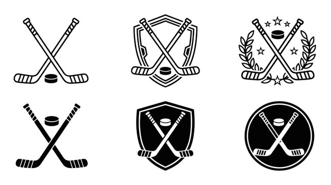 Hockey Icons Set: Sticks, Puck, Shield, Laurel Wreath, Circle