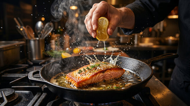 Hand Squeezing Fresh Lemon Juice over a Pan Seared Salmon Fillet