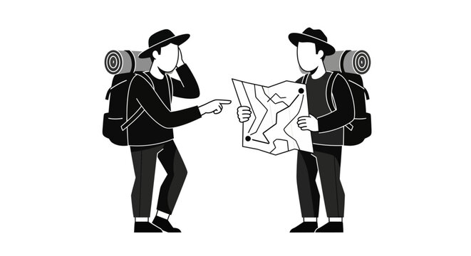 Two hikers with backpacks looking at a map confused.
