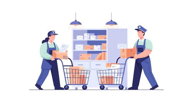 Two grocery store workers stocking shelves with shopping carts.