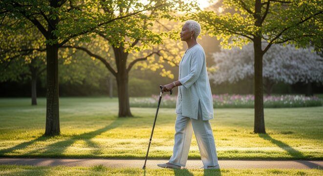 Senior Person Walking Through a Serene Park with Green Trees and Beautiful Morning Light Illuminating the Scene