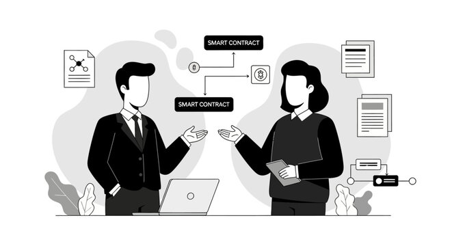 Two people discussing smart contracts and agreements digitally.