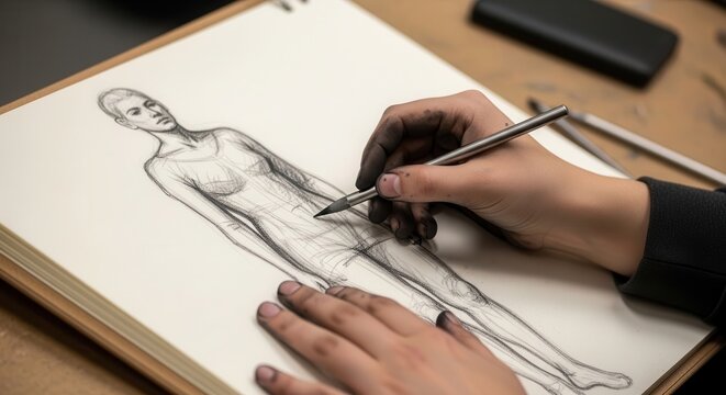 Artistic sketch of a human figure with detailed outline and pencil in hand on a sketchpad in creative workspace