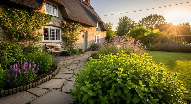 Charming Thatched Cottage Garden Path at Sunset.