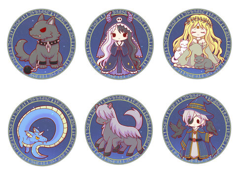Authentic Hand Drawn Cute Norse Mythology Collection with Magic Circle Background &ndash; Kawaii Fantasy Character Set