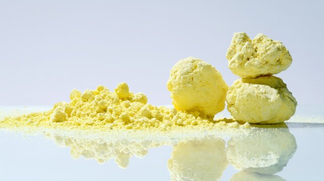 Sulfur mineral powder and raw sulfur rocks on reflective white background, bright yellow porous texture, industrial chemical material, geology resource, laboratory and mining concept