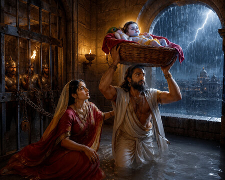 A breathtaking cinematic depiction of the birth of Lord Krishna, featuring baby Krishna glowing with divine light in a basket as Vasudeva carries him through floodwaters during a stormy night.