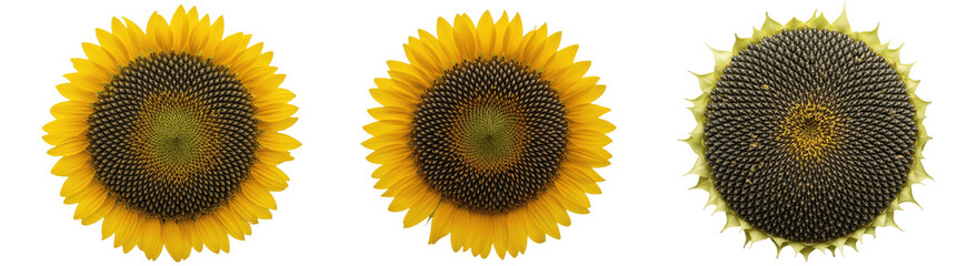 Obraz premium A Set of Sunflower Head PNG Clipart Isolated on Transparent Background for Rustic Farmhouse Wall Art, Autumn Harvest Decor and Bold Botanical Graphic Design