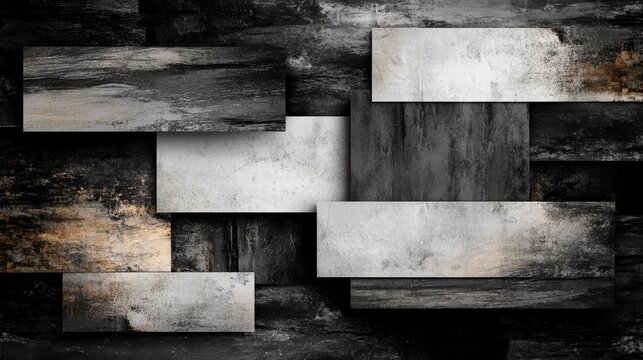 Abstract geometric 3d wallpaper with overlapping grey stone texture rectangles and dark distressed surface design elements for interior wall decor