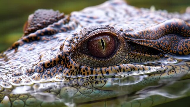 Close-up of a reptile's eye peering from water. Detailed skin texture
