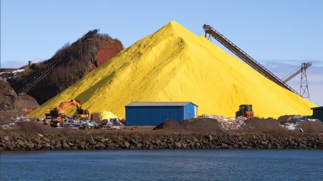 Sulfur stockpile mineral conveyor industrial mining landscape with raw sulfur mountain, material transport systems, chemical resource storage, excavation equipment and waterfront processing site