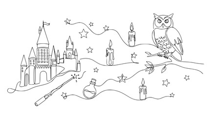 Naklejka premium Magical Castle, Owl, Wand, Candles, Stars, Potion - Fantasy Line Art Illustration