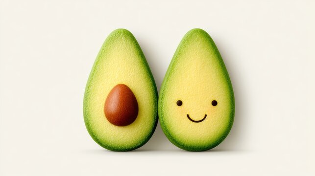 Two cute halved avocados with seed and smiling face cartoon illustration on clean minimalist background design concept