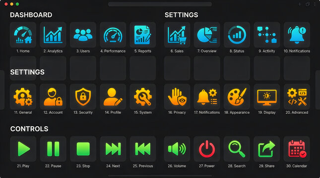 Set of modern dark mode user interface icons for dashboard settings and media control navigation.