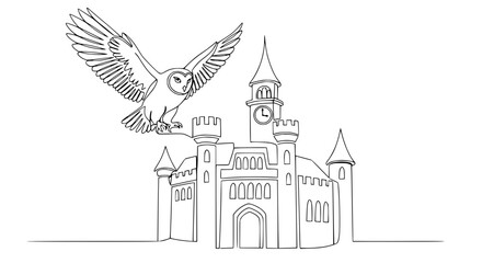 Barn owl flying towards a fairytale castle with clock tower, continuous line drawing © Vector