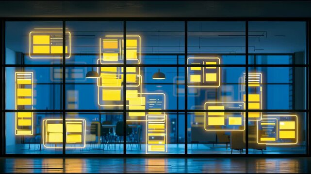 A modern building shows a bright window display at night with changing yellow shapes. The designs vary in form and size, creating a unique look.