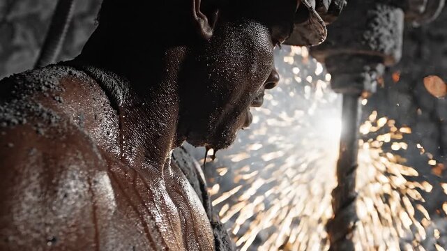 Extreme close up of sweating miner neck with dirt and grit while heavy drill sparks fly in background during underground coal mining operations
