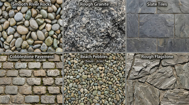 Six detailed stone and pebble textures including river rocks, granite, slate, and cobblestone.