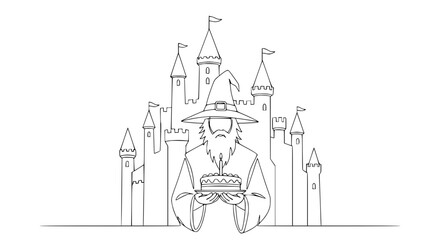 Fototapeta premium Wizard Holding Birthday Cake in Front of Castle, Fantasy Celebration