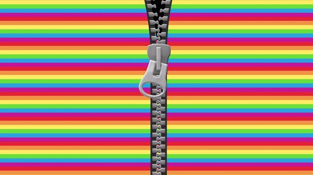 Rainbow zipper transition opening colorful stripes to reveal on alpha channel LGBTQ pride month campaigns