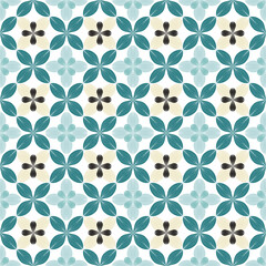 Fototapeta premium A high-quality seamless vector pattern featuring a symmetrical geometric layout with fine line-art petals in teal, soft cream, light blue, and dark brown accents. 