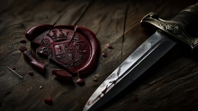 unsheathed. A broken family crest seal next to an unsheathed dagger on a wooden surface. event programs, museum guides, designed for cultural heritage projects and event programs, preserves heritage.