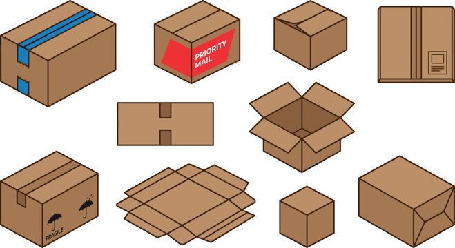 Cardboard Box Vector Set Featuring Open Packages Closed Shipping Cartons Priority Mail Parcels Flat Unfolded Cutouts and Fragile Delivery Containers