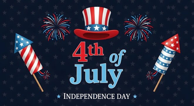 Festive 4th of july illustration with uncle sam hat flags and fireworks on starry background