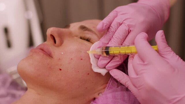 Skin dermal booster. Therapy treatment. Professional hand making botulinum toxin facial skin procedure for woman in salon using cotton pads.