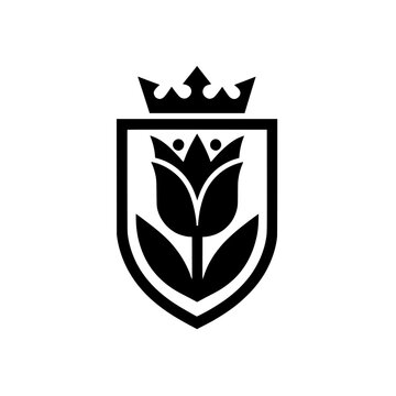 Tulip flower emblem silhouette vector illustration with shield and crown
