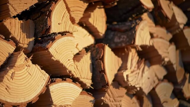 Close-up of a stack of split wooden logs, natural light