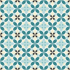 Fototapeta premium A premium seamless vector pattern displaying an intricate geometric floral design with fine line-art petals in teal, soft cream, light blue, and dark brown. 