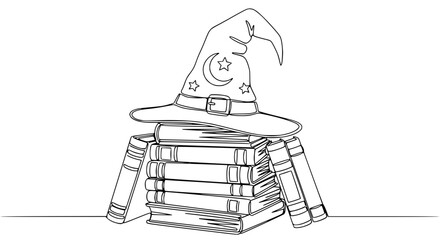 Wizard hat on stack of books, continuous line drawing, magic and knowledge concept © Vector