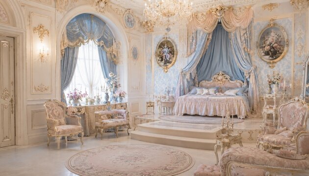 Luxury rococo bedroom interior with pastel blue decor and elegant furnishings