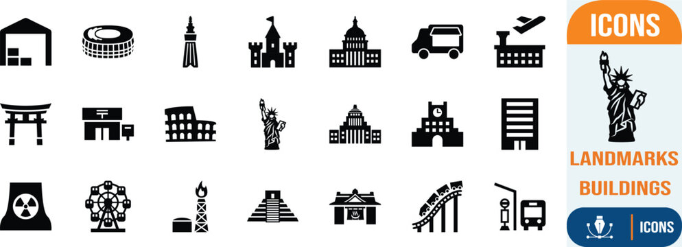 Landmarks buildings travel transport vector icons. statue icon set, colosseum icon set, capitol icon set