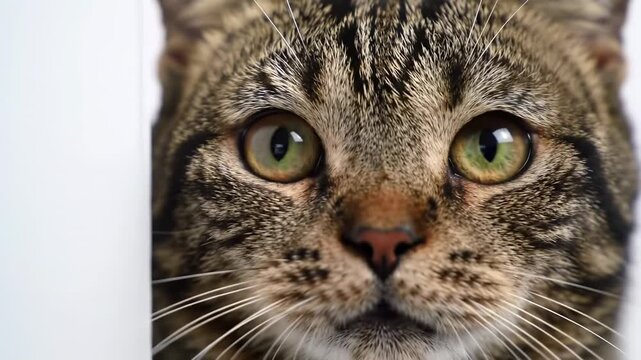 Close-up of a tabby cat?s face, peering from behind a white surface