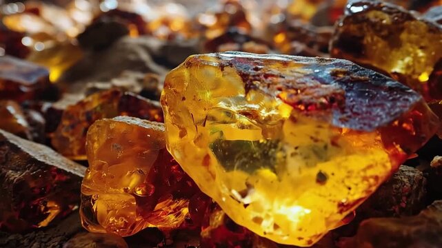 Raw amber nuggets glowing with warm light on dusty ground, creating a rich texture