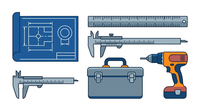 Engineering tool set illustration with blue blueprint technical drawing, metal ruler, vernier calipers, gray toolbox, and orange cordless drill on white background.