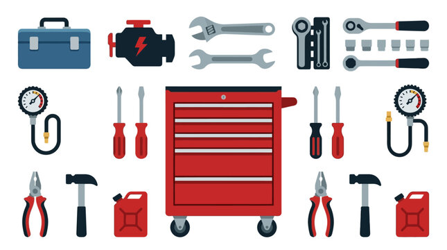 Set of automotive repair and garage tool vector icons including a red rolling chest, toolbox, engine, wrenches, screwdrivers, hammers, pliers, fuel cans, and pressure gauges on white.