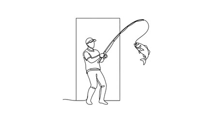 Fototapeta premium Fisherman catching fish with fishing rod, continuous line drawing, minimalist style