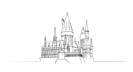 Fantasy Castle Drawing, Architectural Sketch, Medieval Landmark Outline, White Background © Vector
