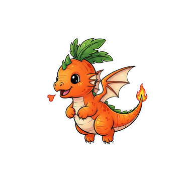 Adorable baby carrot dragon with fiery tail and leafy head