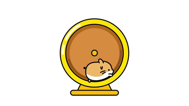 A golden yellow hamster running inside a round exercise wheel illustration with a warm amber color scheme and cute cartoon style design