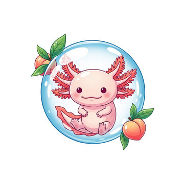 Adorable Axolotl in a Bubble with Peaches