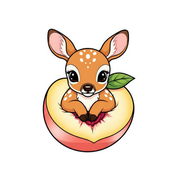 Adorable baby deer fawn sitting inside a ripe peach fruit